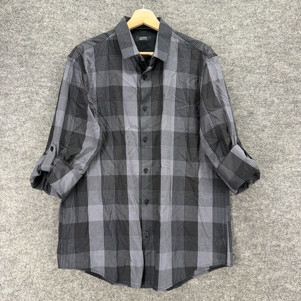 Alfani Shirt Men M Medium Gray Plaid Button Up 3/4 Sleeve Collared Regular Fit